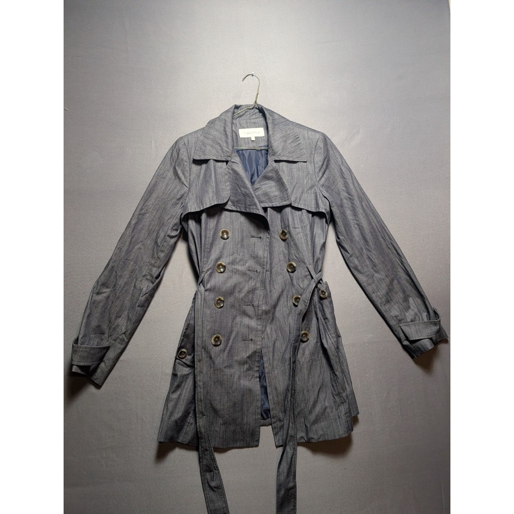 Calvin Klein Trench Coat Womens S Gray Tie Waist Lined Outdoor Professional Chic